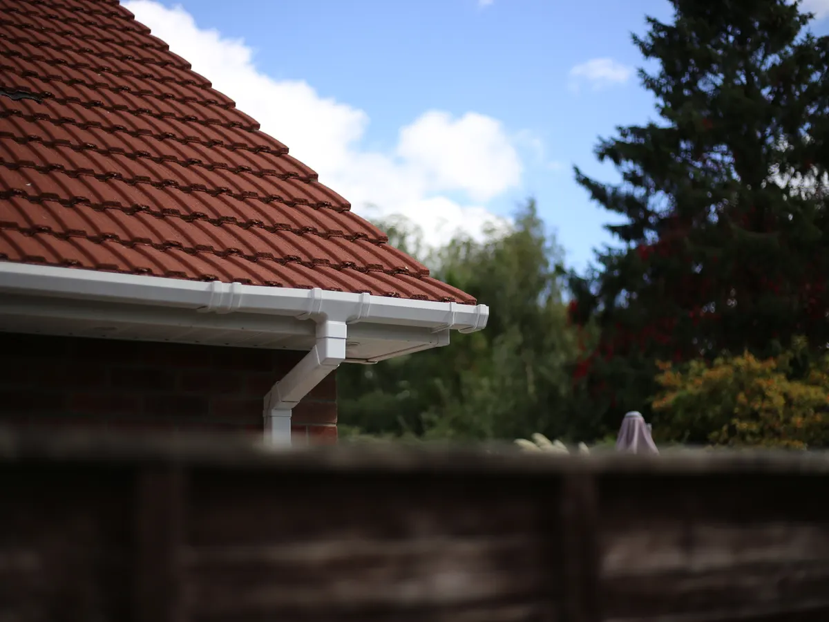 White guttering and fascia under the edge of a tiled roof