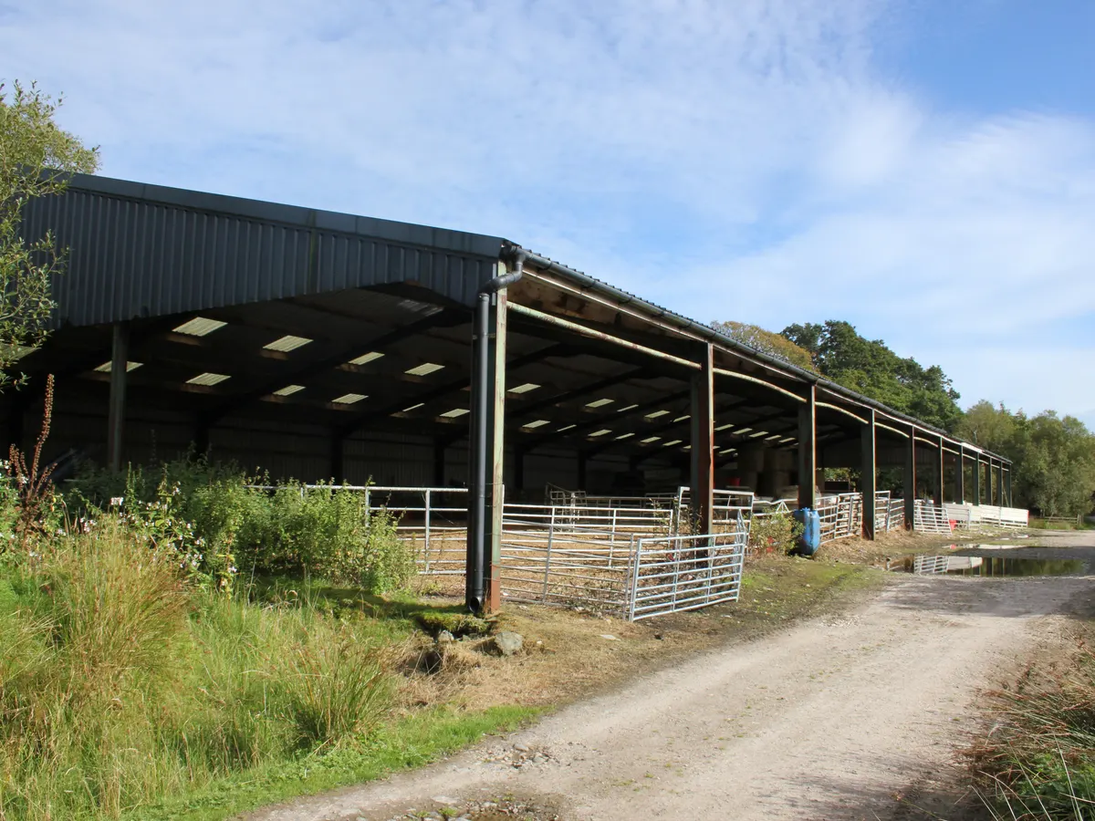 An open-sided farm building with a metal sheet roof