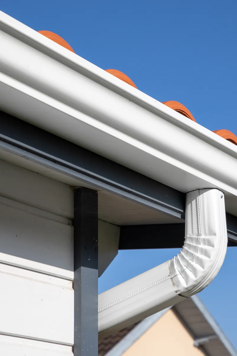 White fascia, soffit and guttering with a downpipe